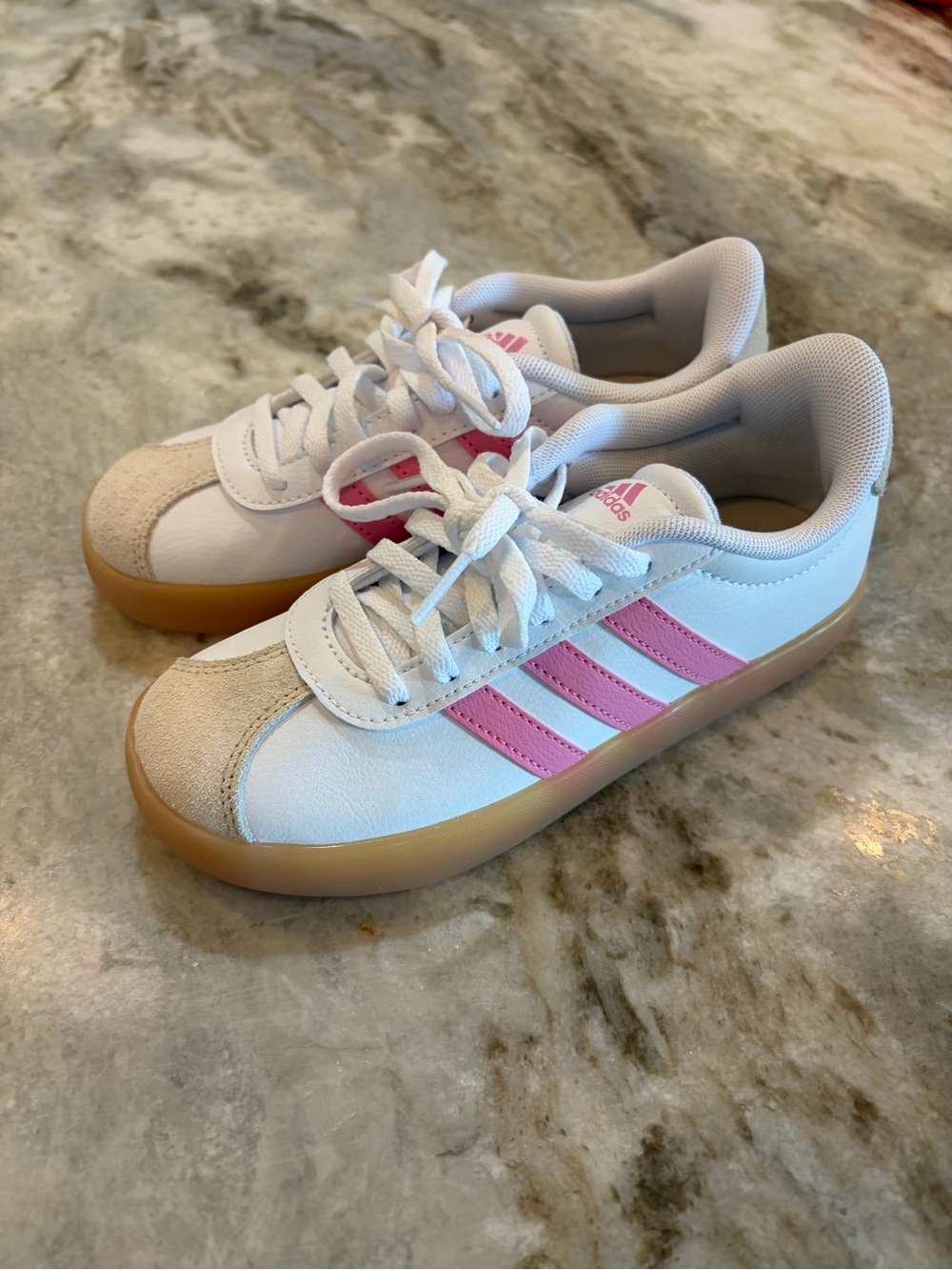 ADIDAS - Girls VL Court 3.0 White & Pink Low-Top Sneakers
